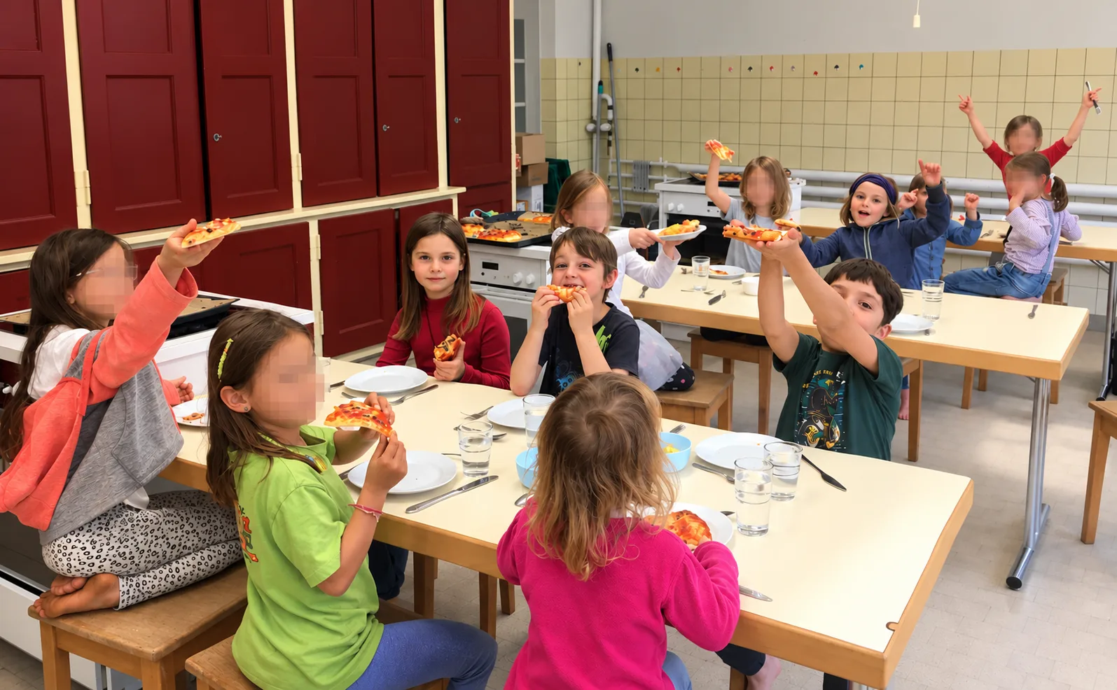 Kinder rühren in der Schulküche einen Teig