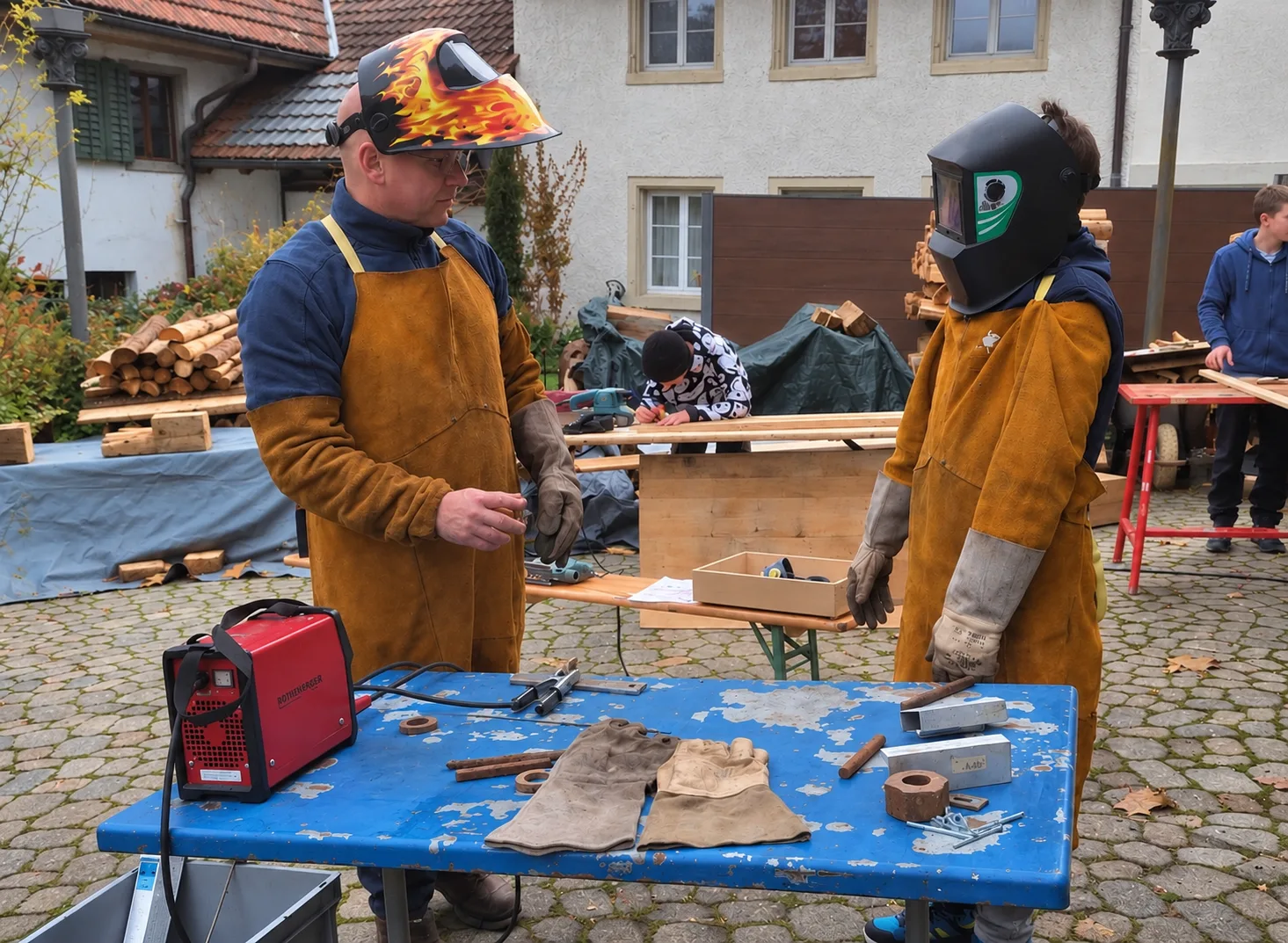 Jugendliche Person mit Schweisshelm und Lederhandschuhen beim Schweissen